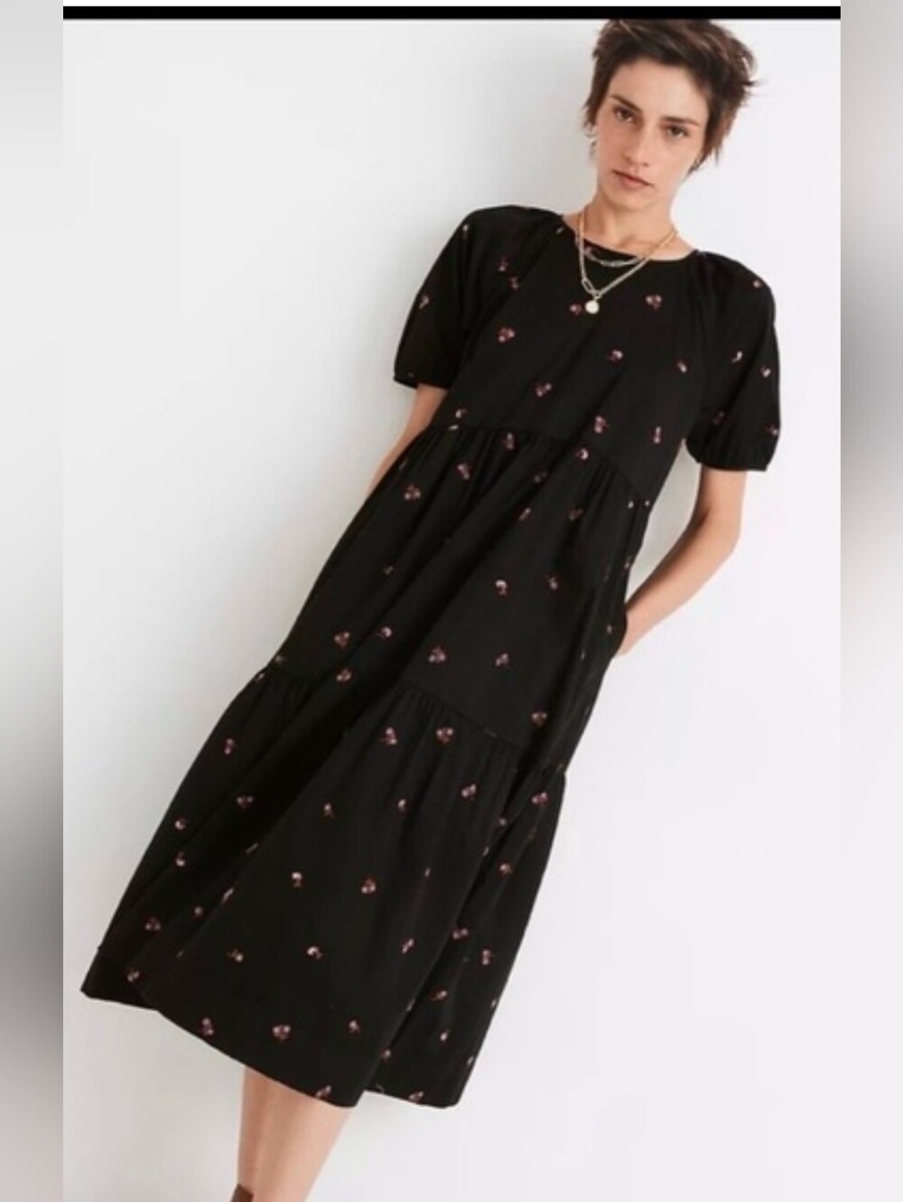 Madewell Black Floral Tiered Midi Dress Large